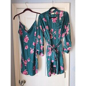 Victoria's Secret Gold Label Silk Vintage Nightgown & Robe Green Pink Floral PS